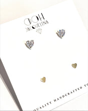 Load image into Gallery viewer, Duo of gold Heart studs and Diamond Heart Studs