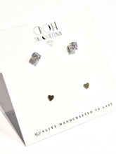 Load image into Gallery viewer, Duo of gold Heart studs and Diamond Heart Studs