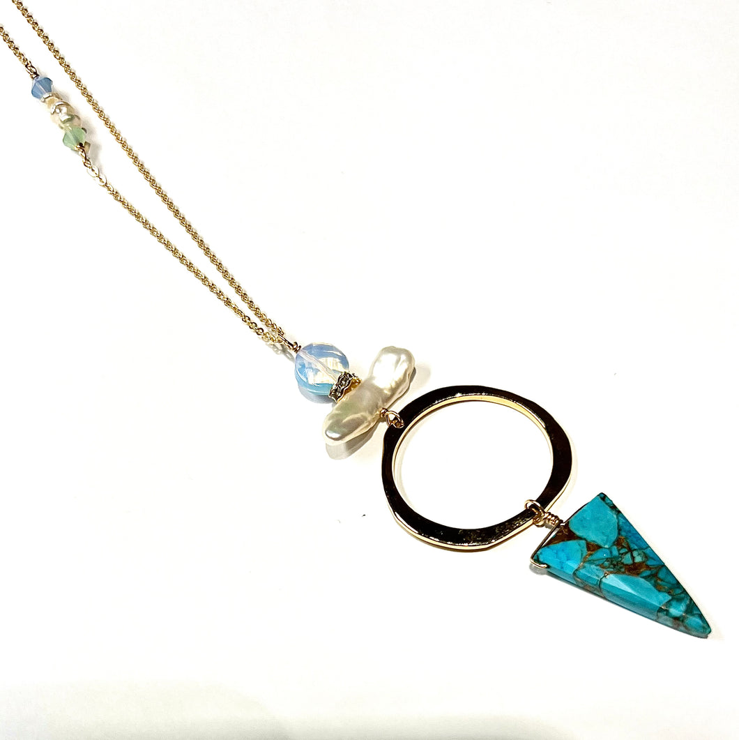 Long hoop Necklace with turquoise, opalite, pearl and Swarovski side detail