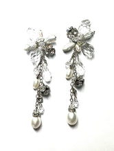 Load image into Gallery viewer, Long Flower earrings Pearl and crystal rhinestone