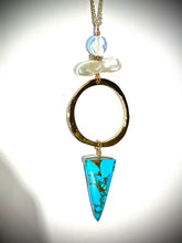 Load image into Gallery viewer, Long hoop Necklace with turquoise, opalite, pearl and Swarovski side detail