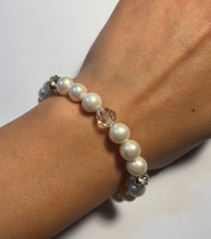 Load image into Gallery viewer, Single strand pearl and rhinestone bridal bracelet with vintage inspired clasp