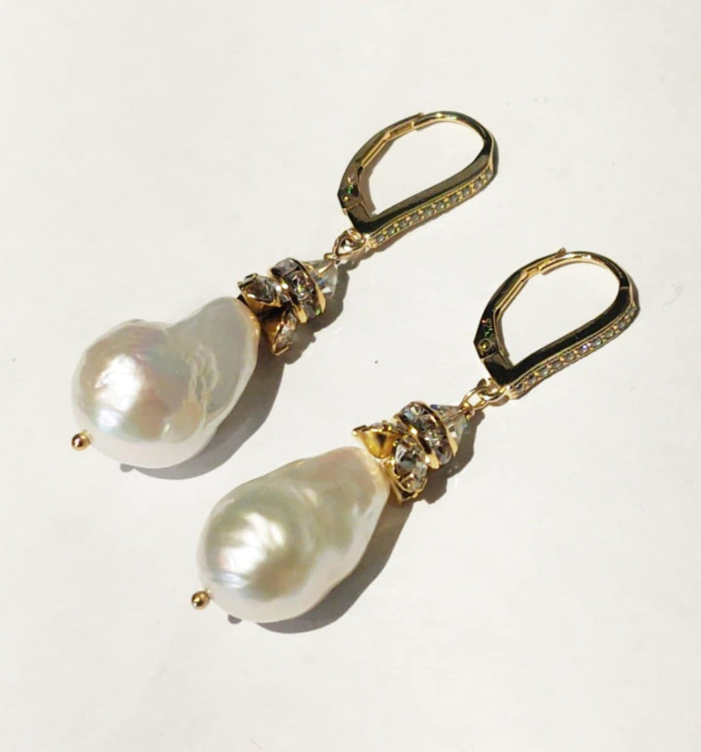 Baroque Pearl Rhinestone Drop Leverback Earrings