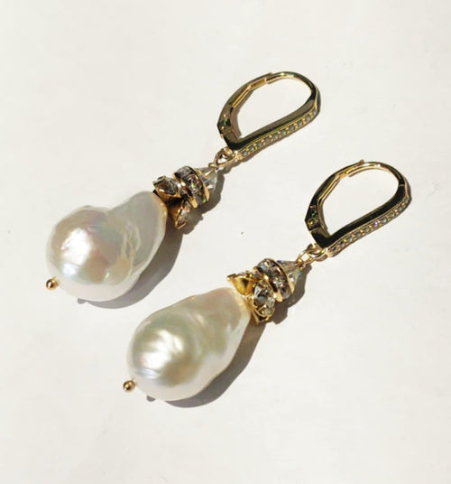 Baroque Pearl Rhinestone Drop Leverback Earrings