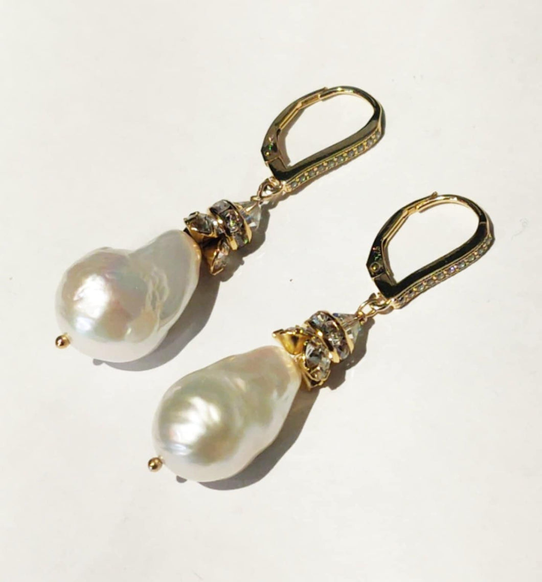 Baroque Pearl Rhinestone drop leverback earrings