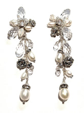 Load image into Gallery viewer, Long Flower earrings Pearl and crystal rhinestone
