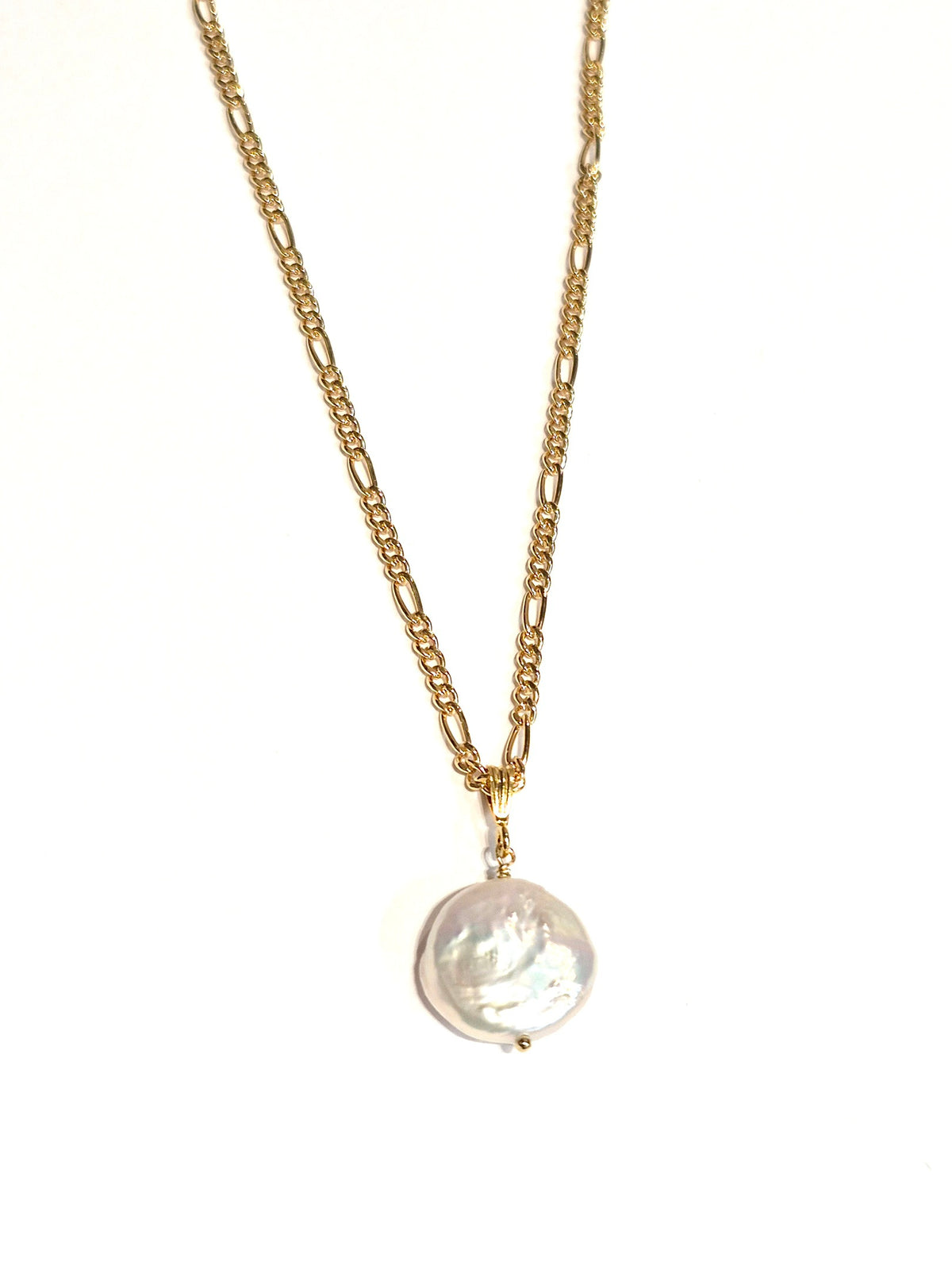 Coin Pearl Drop Figaro Necklace with Swarovski Clasp