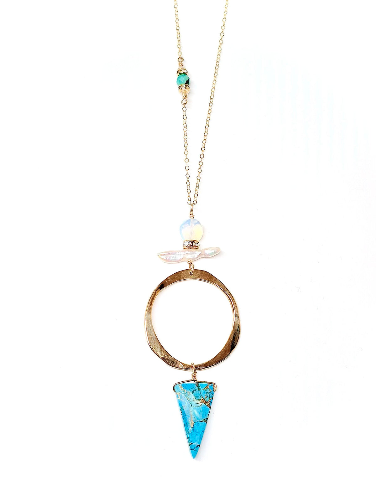 Long hoop Necklace with turquoise, opalite, pearl and Swarovski side detail
