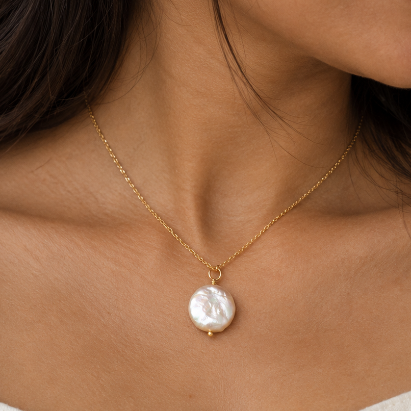 Coin Pearl Drop Necklace with Swarovski Clasp