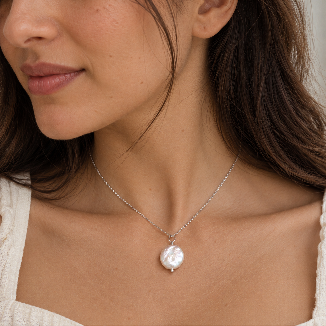 Coin Pearl Drop Necklace with Swarovski Clasp
