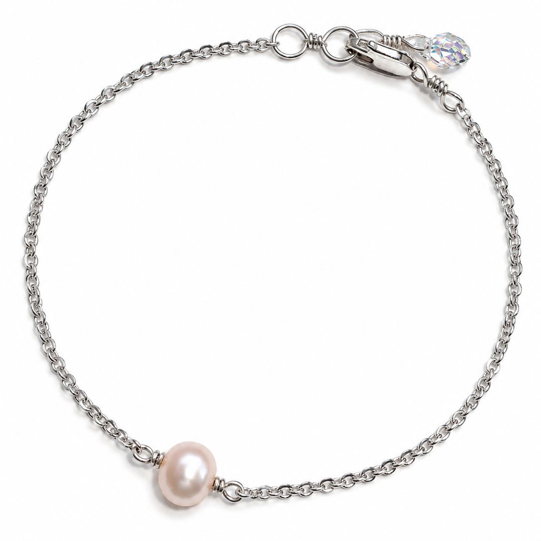 Pink single pearl with silver cable chain bracelet