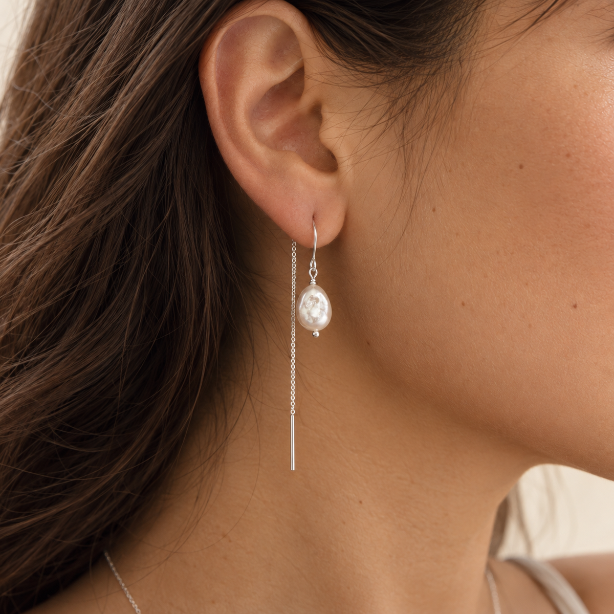 Smooth pearl sterling silver threader earring