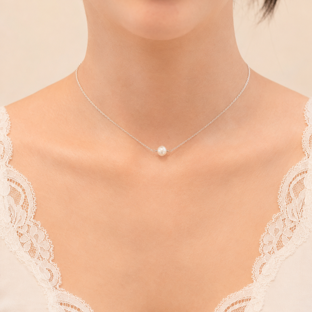 Sterling silver single pearl choker