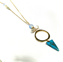 Load image into Gallery viewer, Long hoop Necklace with turquoise, opalite, pearl and Swarovski side detail
