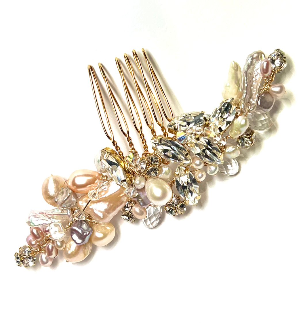 The Reagan asymmetrical  hair comb (pink and purple pearls)