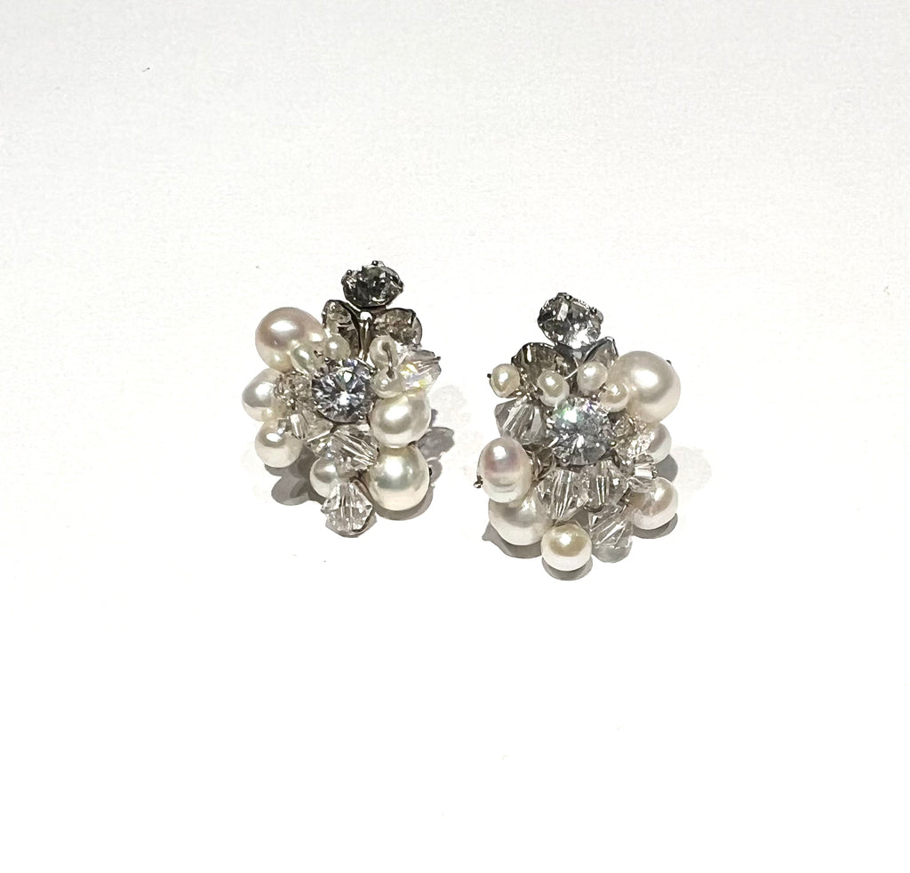 Shannon Pearl and Diamond Cluster Stud Earrings