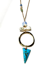 Load image into Gallery viewer, Long hoop Necklace with turquoise, opalite, pearl and Swarovski side detail
