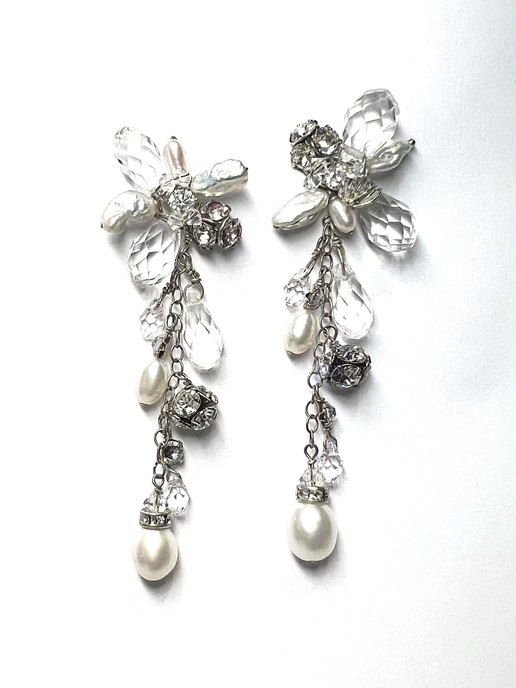 Long Flower earrings Pearl and crystal rhinestone