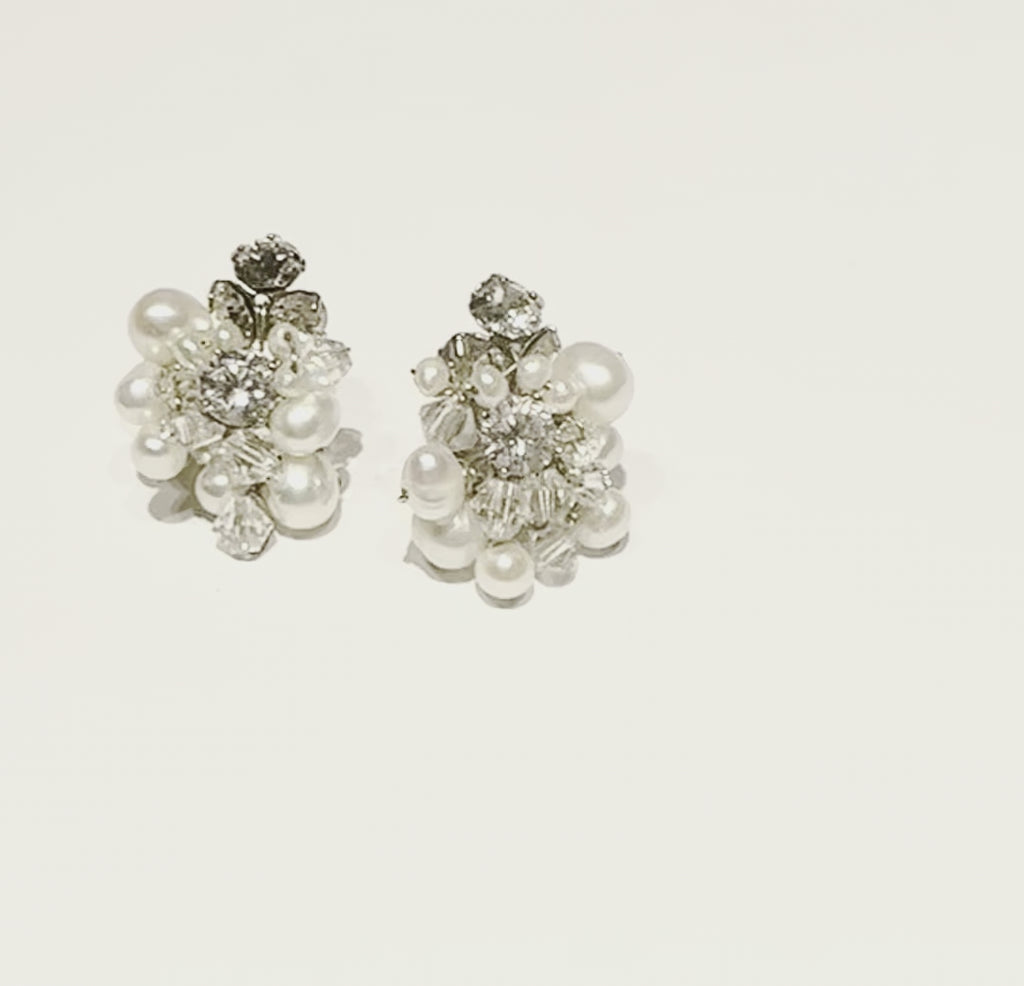 Shannon Pearl and Diamond Cluster Stud Earrings