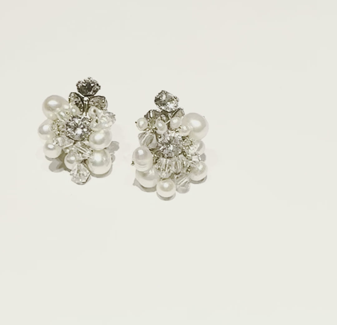 Shannon Pearl and Diamond Cluster Stud Earrings