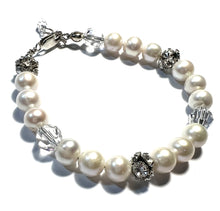 Load image into Gallery viewer, Single strand pearl and rhinestone bridal bracelet with vintage inspired clasp
