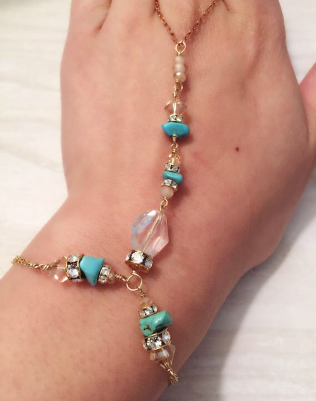 Turquoise with Freshwater pearl hand chain, ring, bracelet