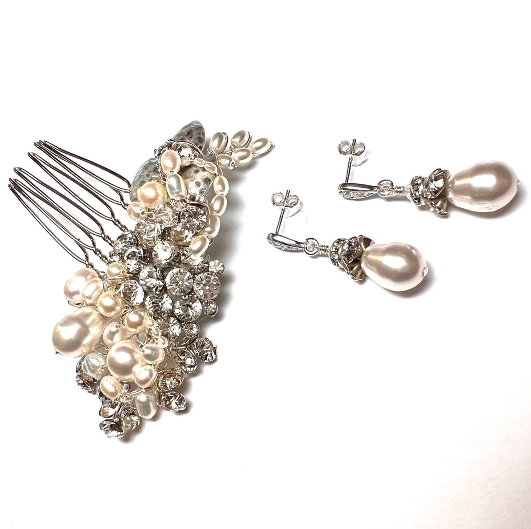 The Kelley Bridal Comb and earring Duo (Crystal Pearl and Rhinestone)