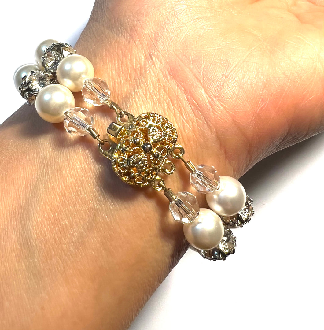 Two strand pearl and rhinestone bridal bracelet