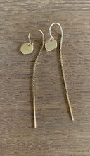 Load image into Gallery viewer, Measuring about 7mm, these 14k gold filled mini disc thread earrings are great for any occasion and compliments any outfit! They are one of our best selling style earrings! We also have a matching gold disc necklace!  Made by hand, quality crafted to last.
